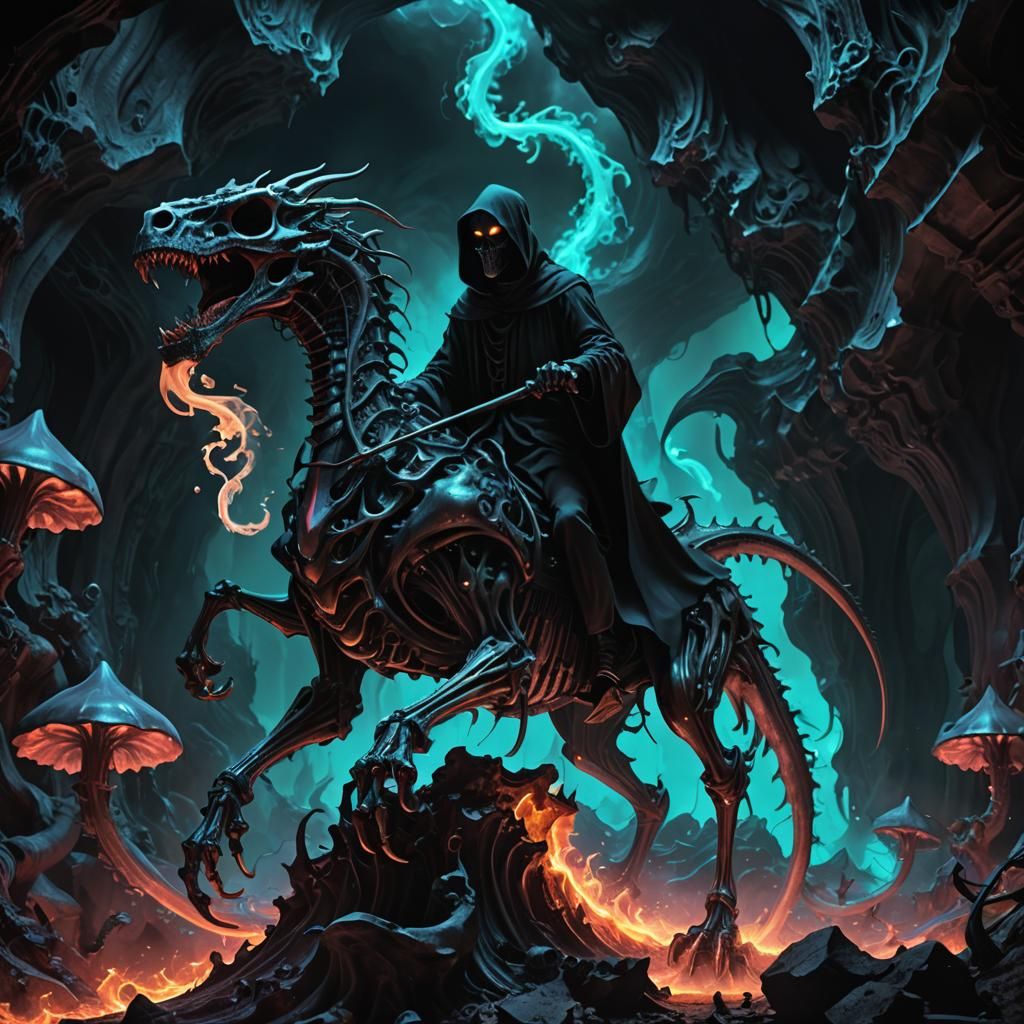 Grim Reaper Rides Dragon in Neon Cavern