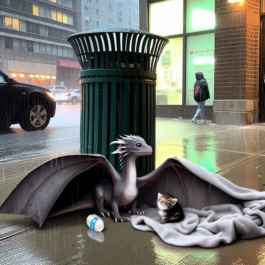 Lost Dragon and Kitten Find Friendship in City