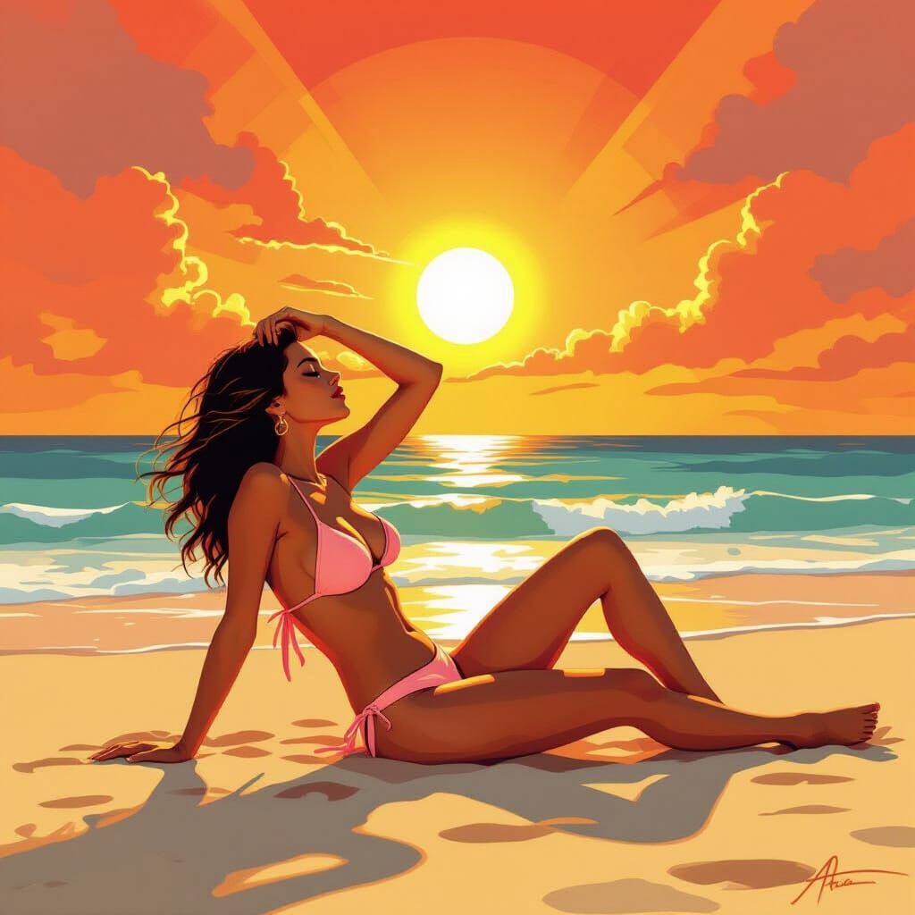 Woman Sunbathing on Vibrant Beach in Golden Hour Light