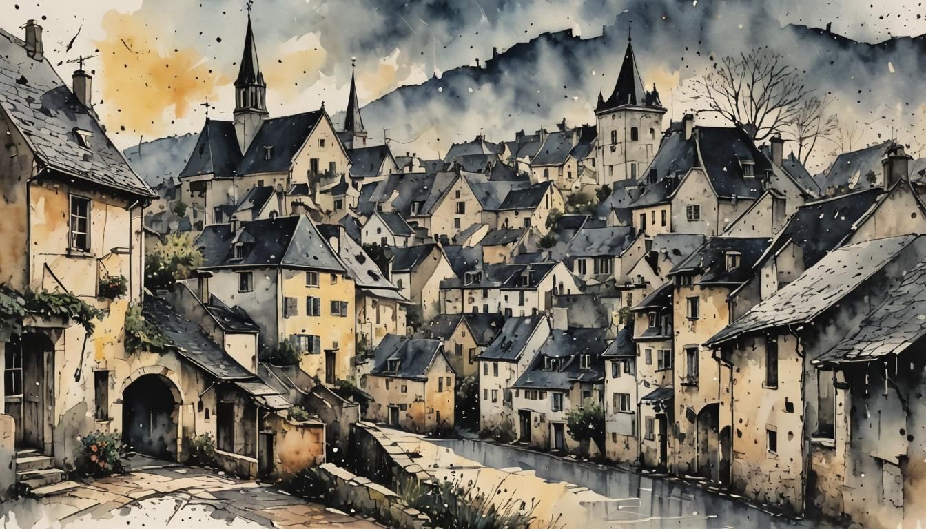 French Village Dawn in Ink Splatter Art