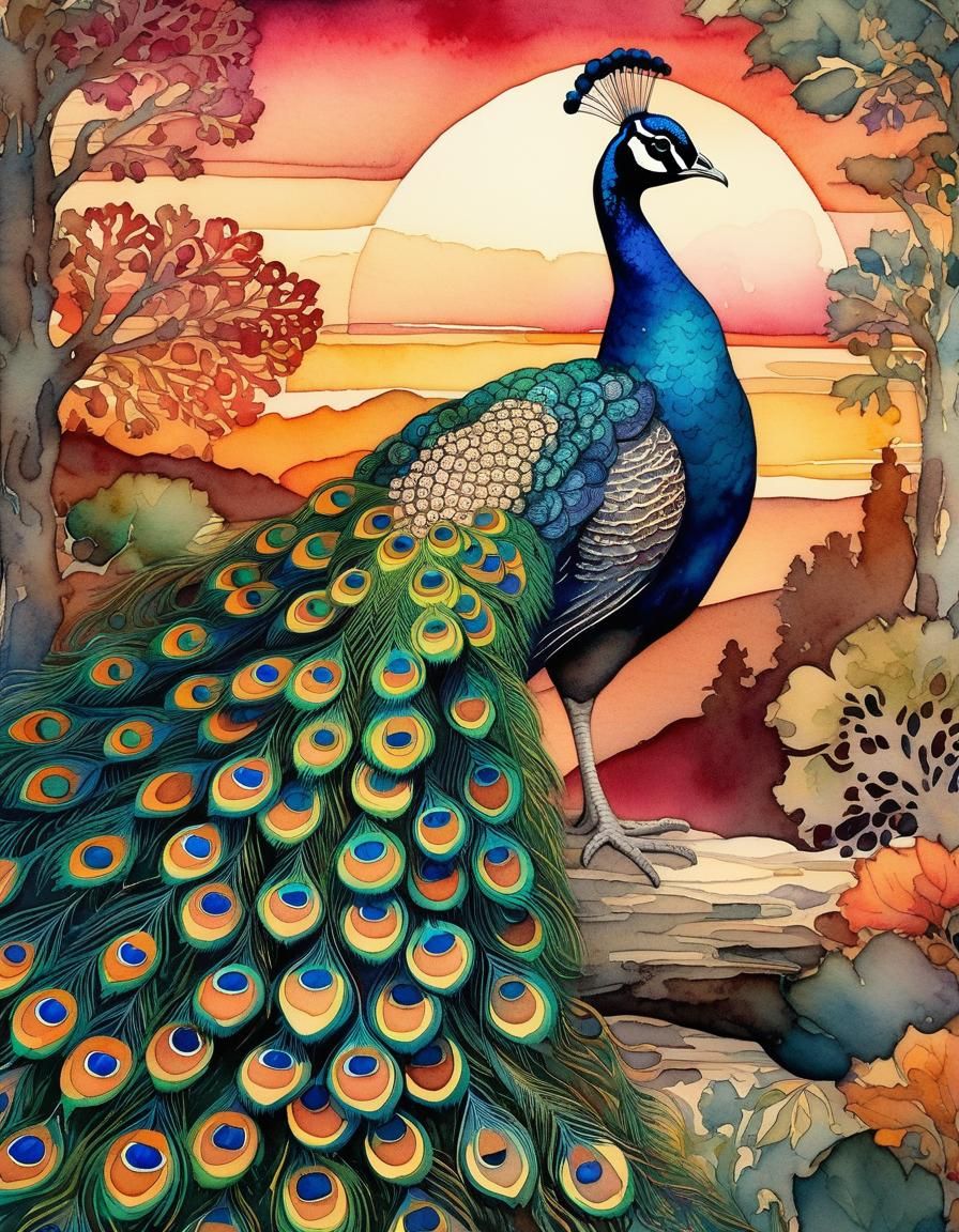 Watercolor Peacock at Sunset Storybook Illustration