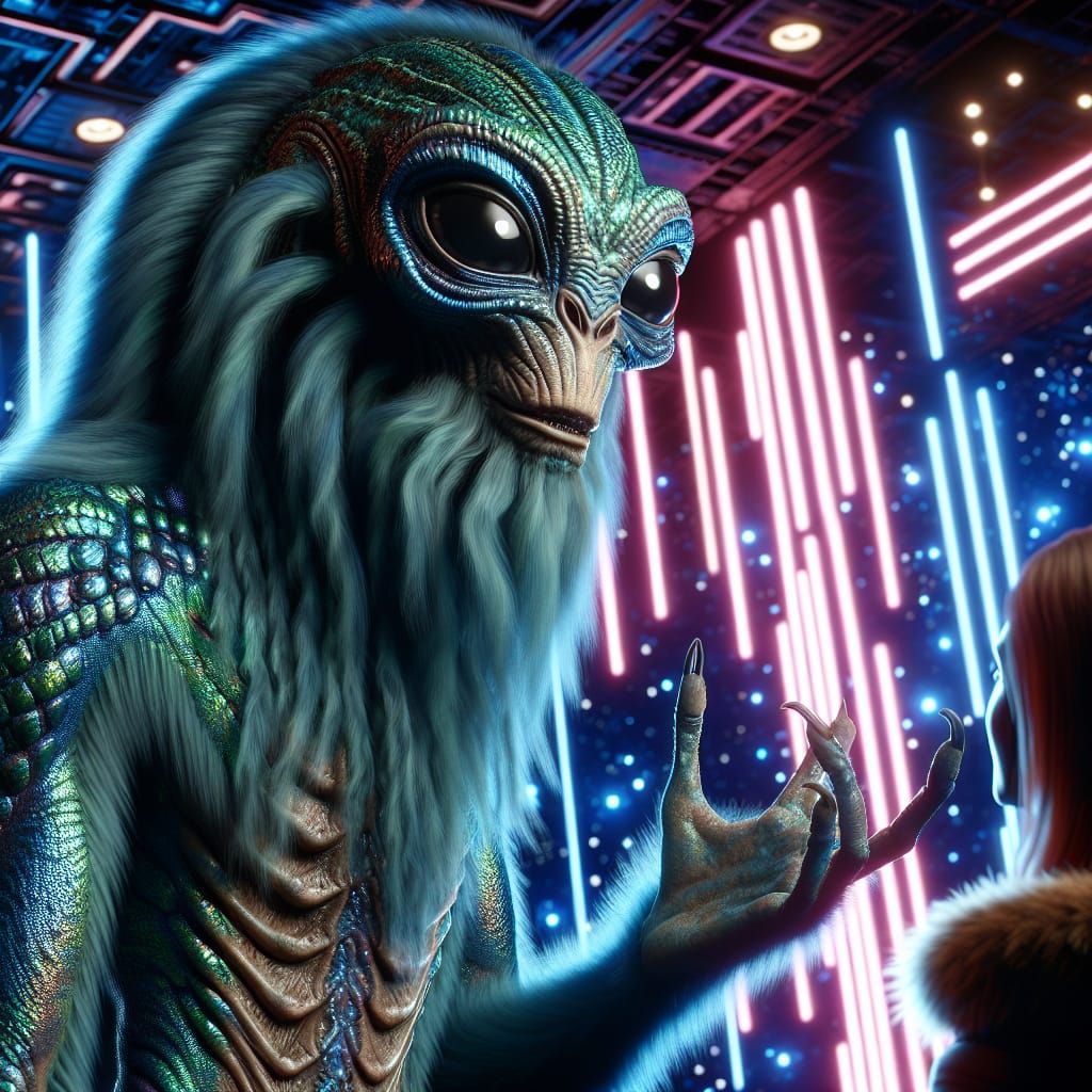 Shimmering Fur Alien in Neon Spacecore Scene