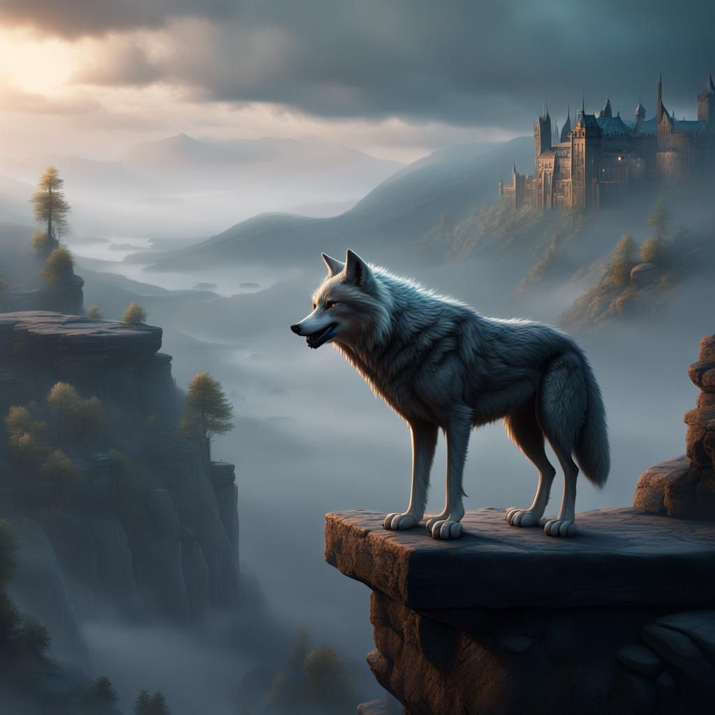 Mysterious Wolf Observes Misty Landscape