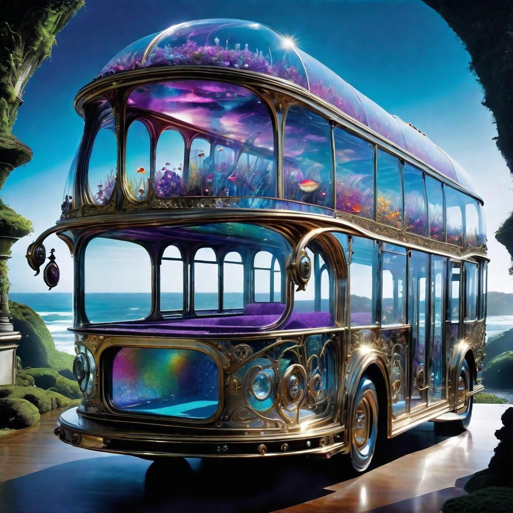 Steampunk Glass Bus Dreamscape: Surreal Concept Design