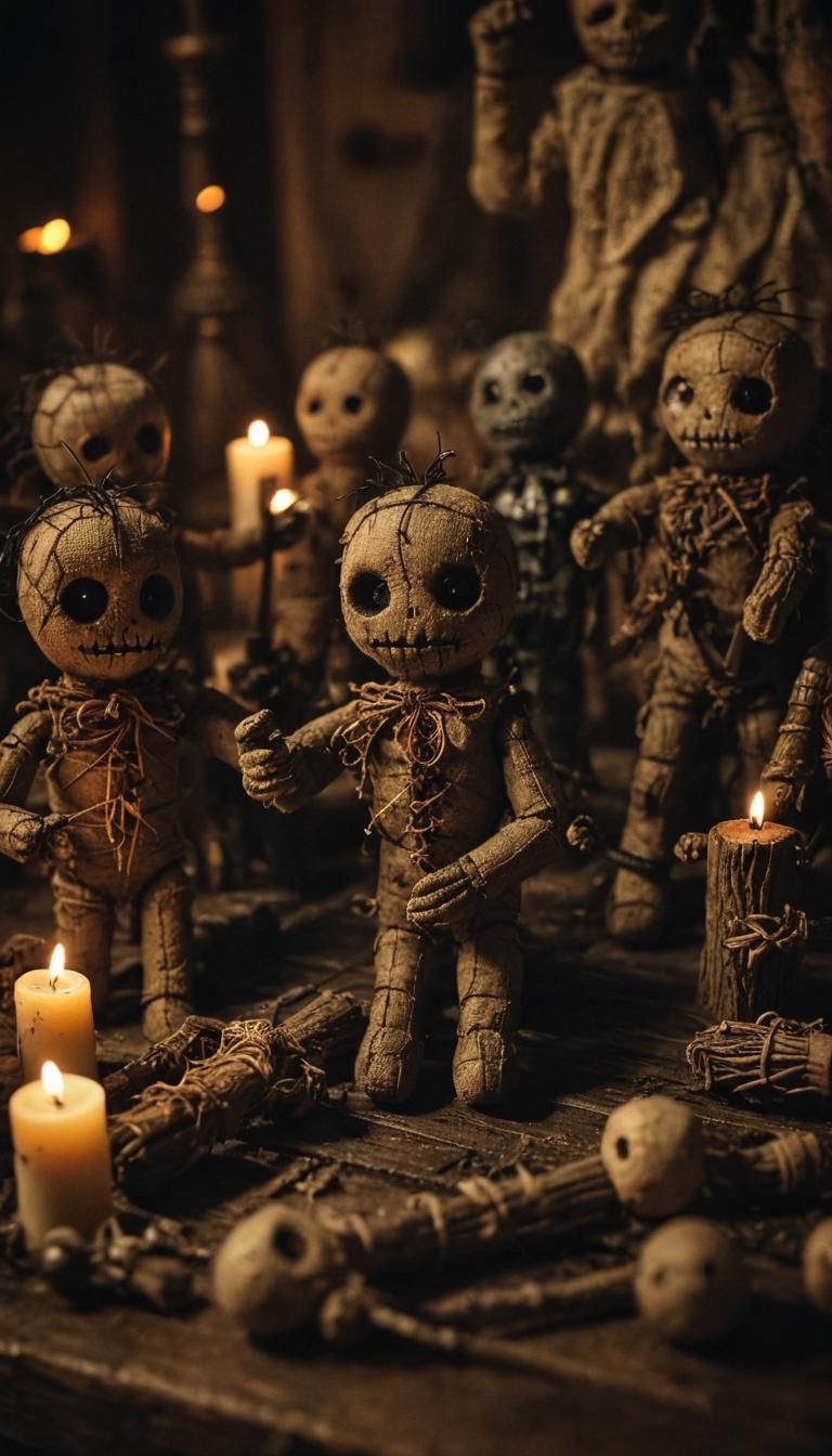 Mystical Voodoo Dolls on Dimly Lit Altar