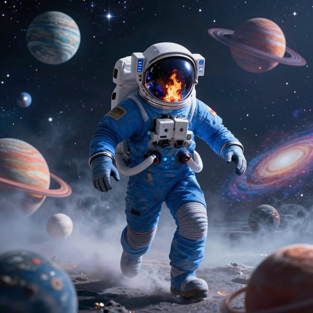 Astronaut Runs Through Cosmic Ocean in Blue Suit