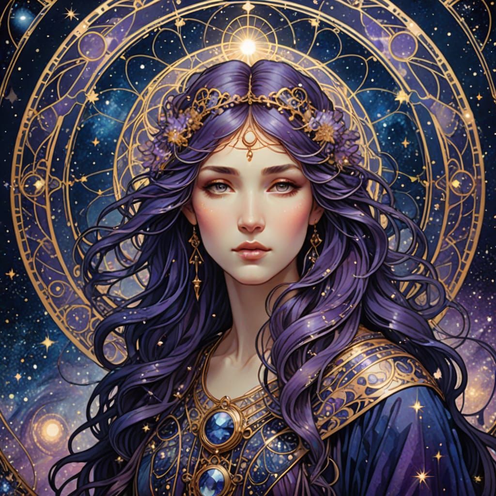 Celestial Oracle with Starlit Hair in Art Nouveau Style