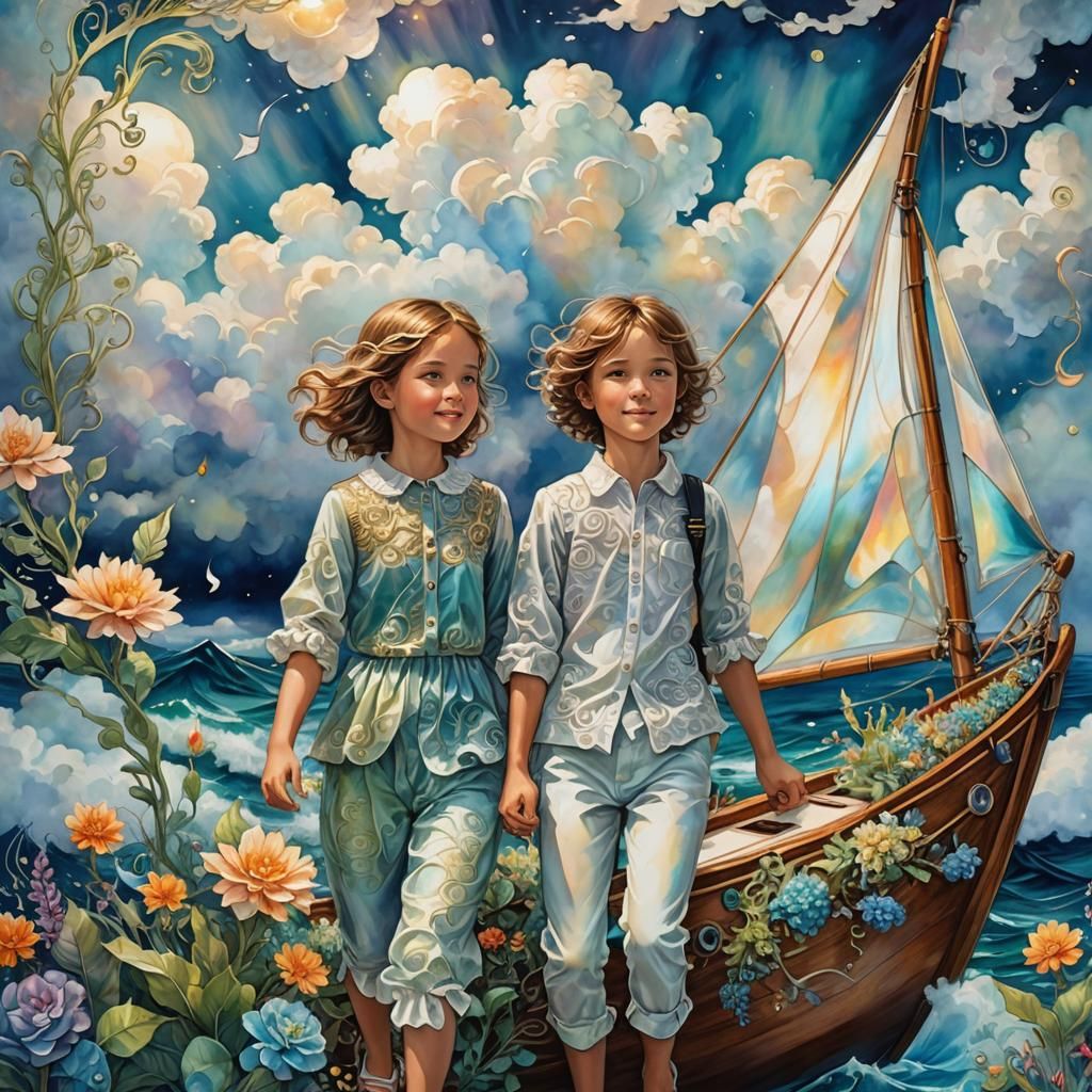 Children's Sailboat Adventure on Iridescent Seas