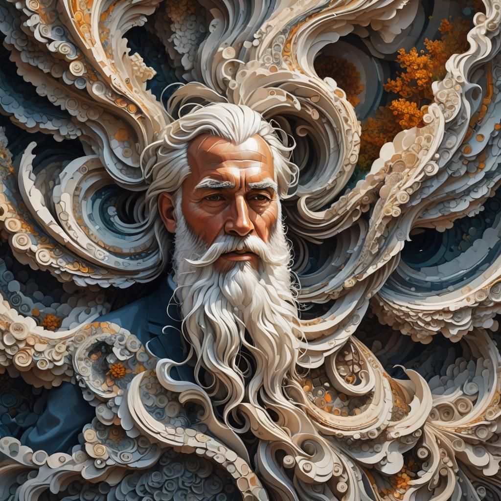 ambient occlusion, surrealism, A man with a long white beard swirling into a landscape. A beam of sunlight shines on his...