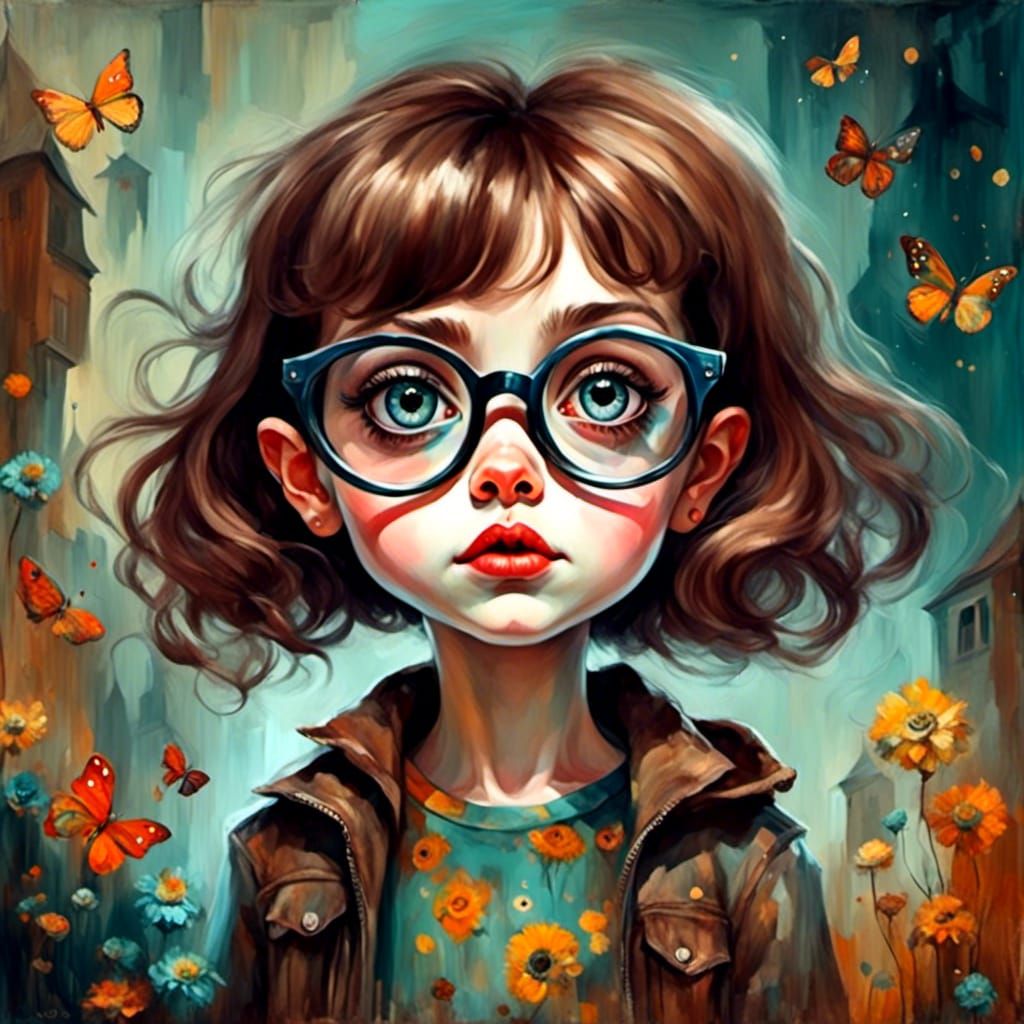 Metallic Cute Girl with Glasses in Kitsch Style