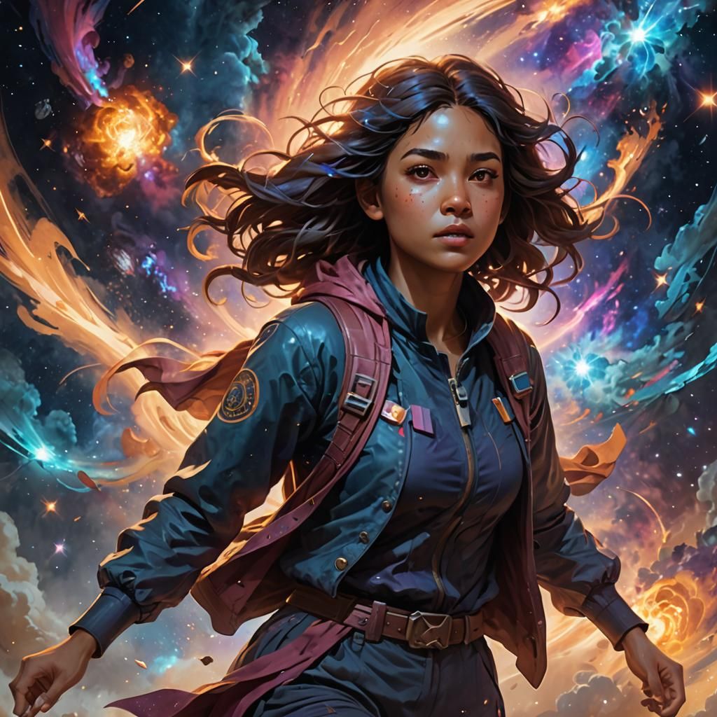 Girl Runs from Nebula: Hyperdetailed Art Portrait
