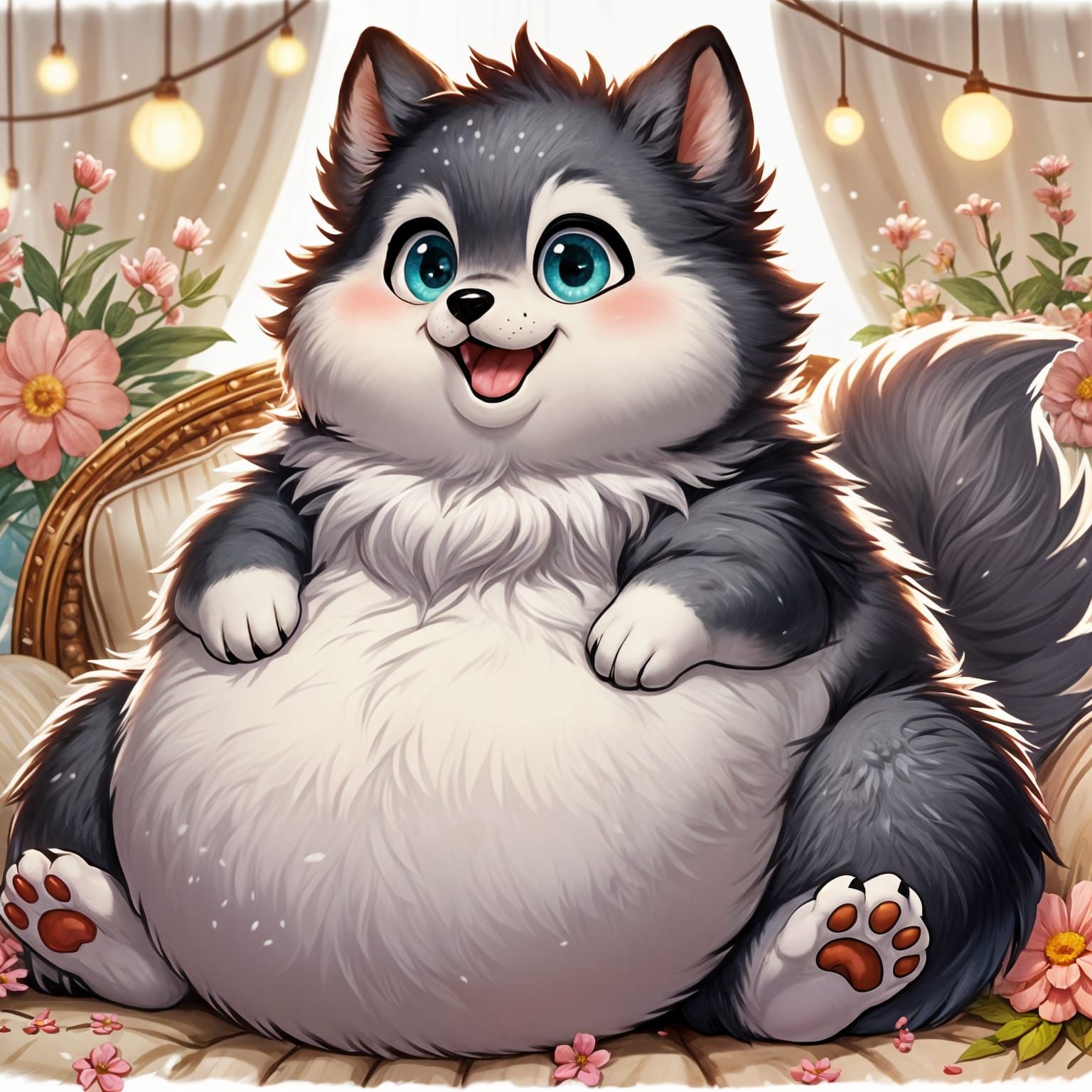 Whimsical Wolf Pup Reigns on Throne of Fluffy Delight