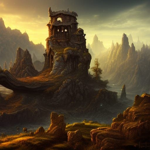 Mystical Stone Head in Misty Landscape at Night