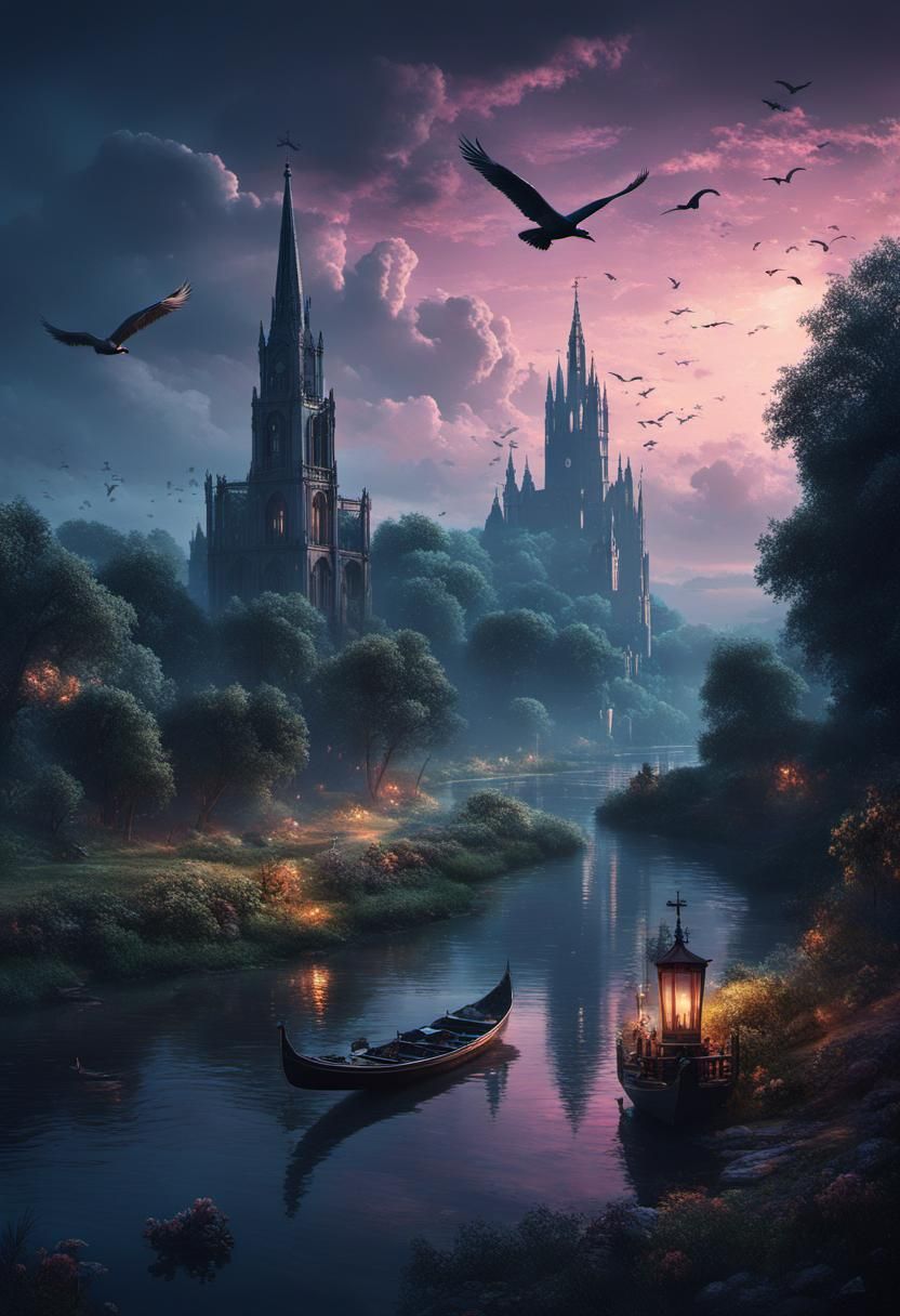 Sinister Graveyard Landscape with River, Digital Illustratio...