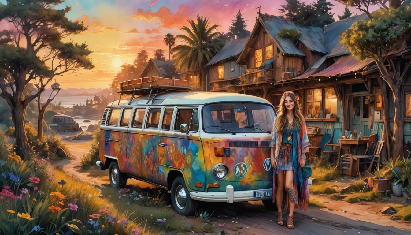 Woman with her Iconic 60's Van