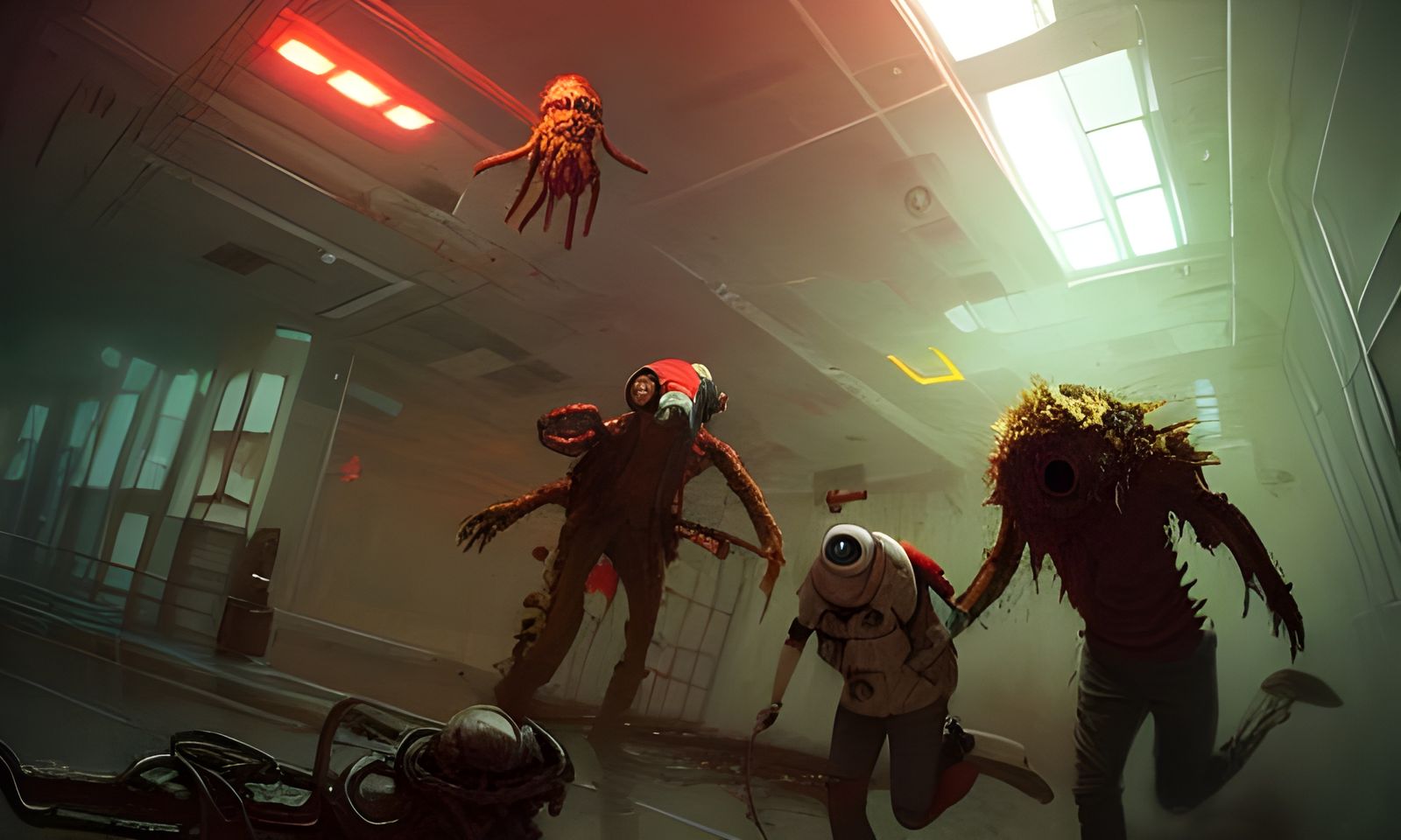 Terrified Crewmates Combat Space Monsters in Derelict Ship