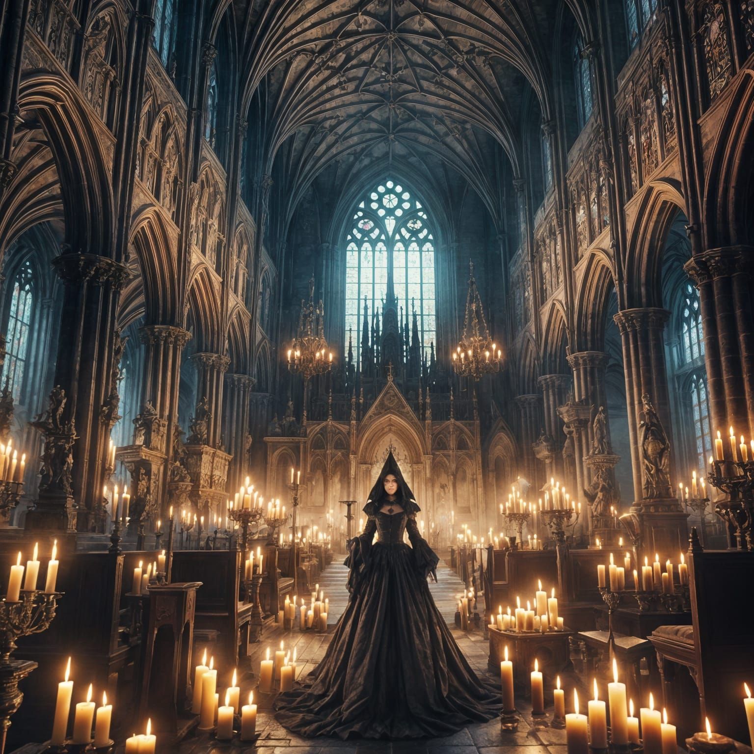Eerie Gothic Church with Witch in Hyperrealism