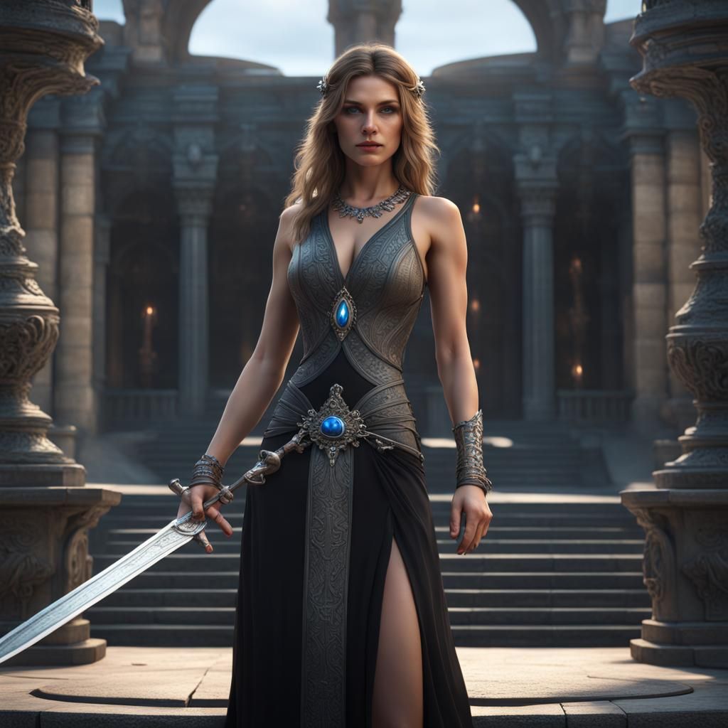 Fantasy Woman with Sword on Stone Pavilion