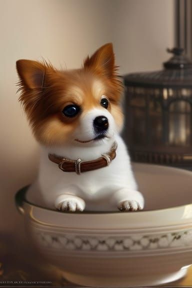 Fluffy Puppy in Teacup: Majestic Oil Painting