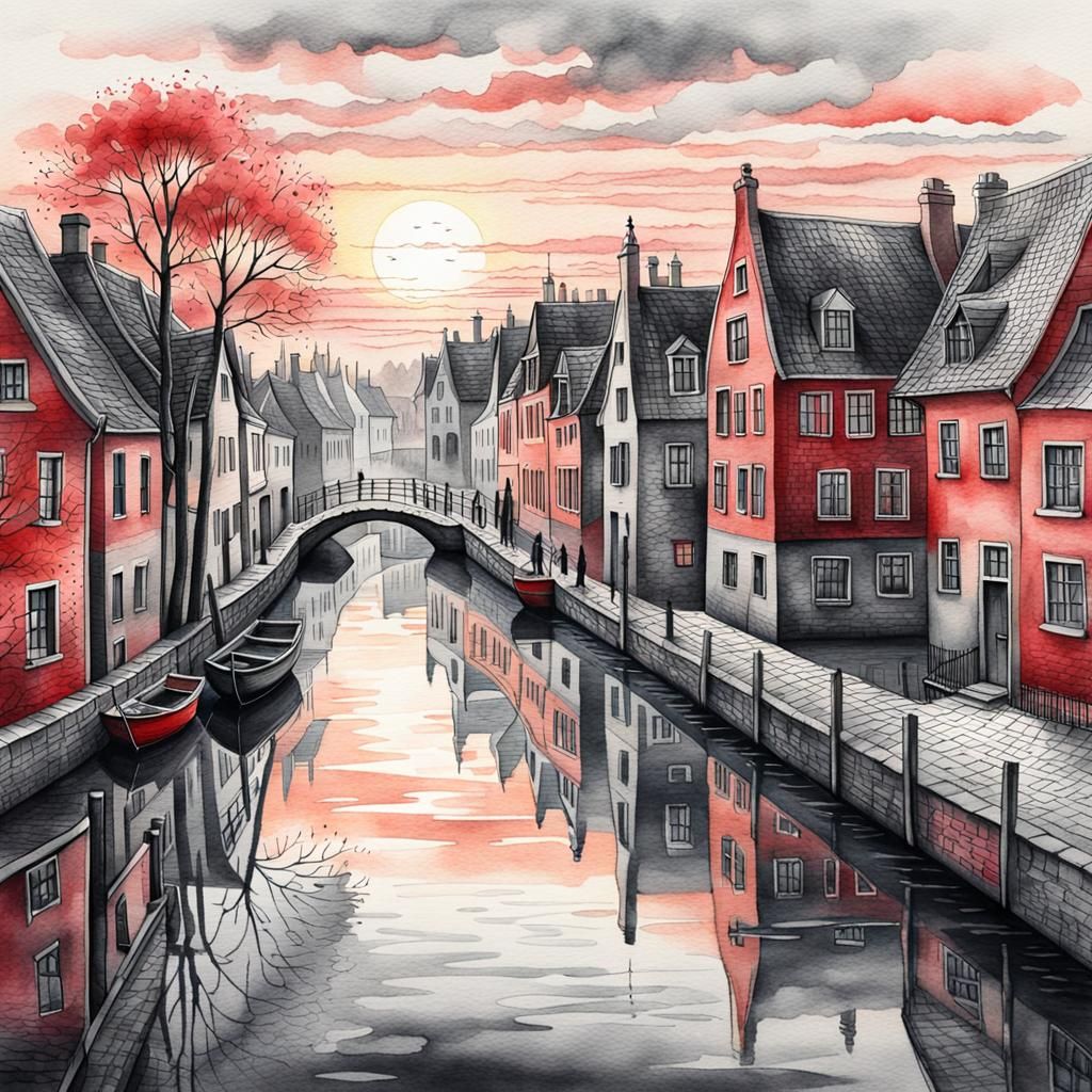 Watercolor Village with Canals and Red Accents