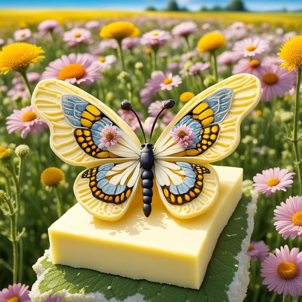 Anthropomorphic Butter Butterfly in Sunny Flower Field
