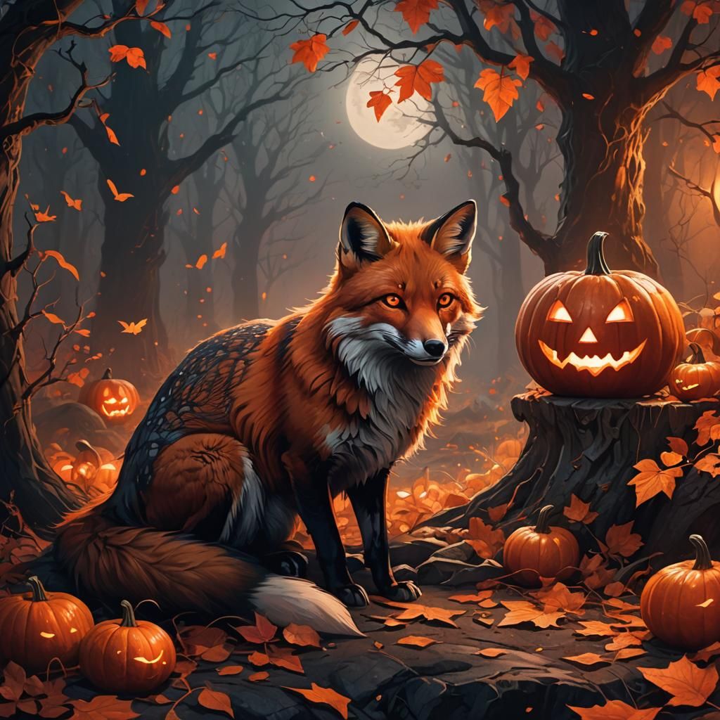 Eerie Fox and Glowing Pumpkin in Dark Fantasy