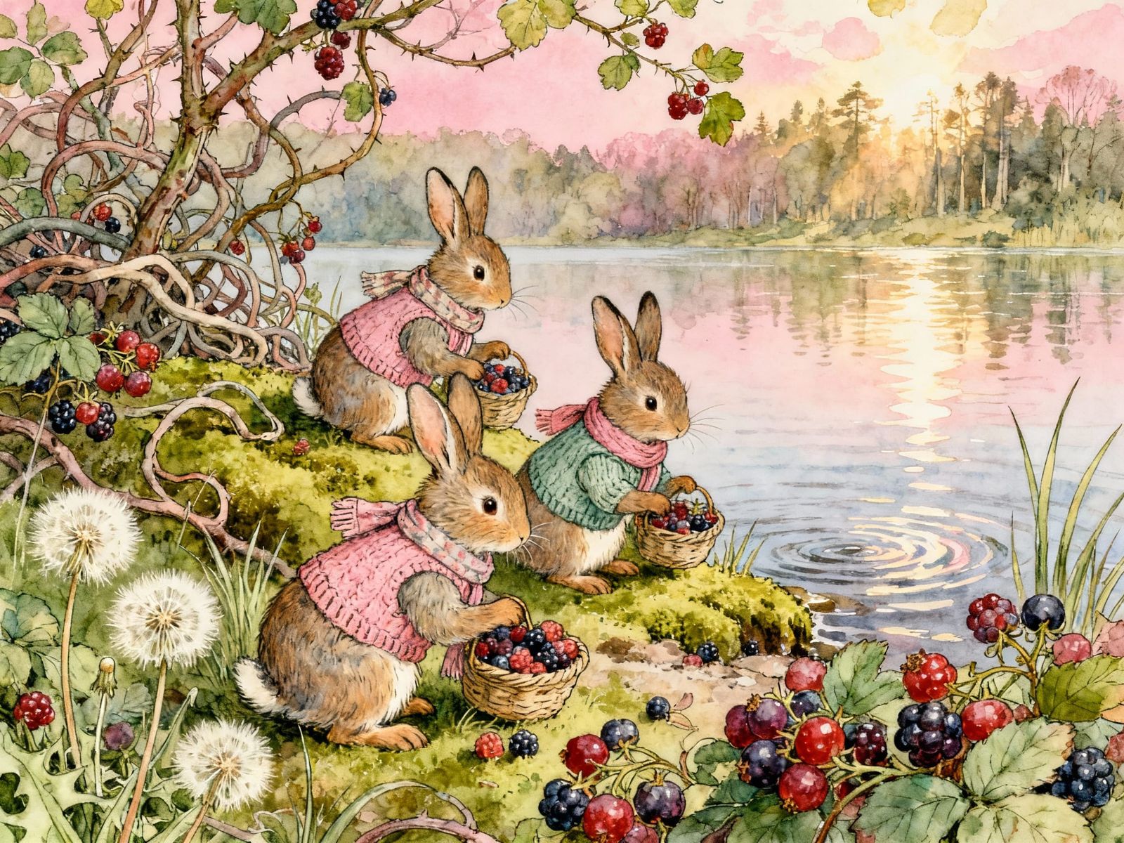 Cute Rabbits Gathering Berries by Lake Shore