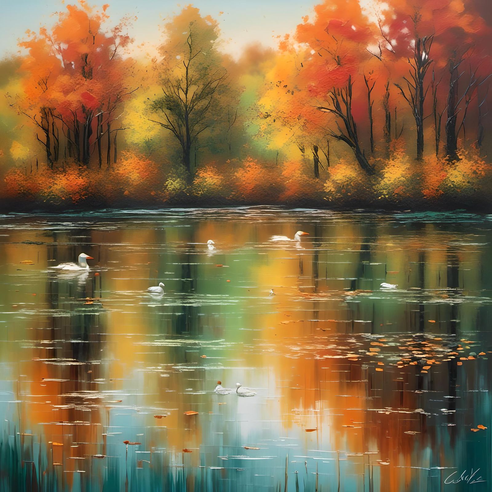 Autumn Lake Reflection: Superhyperreal Acrylic Painting