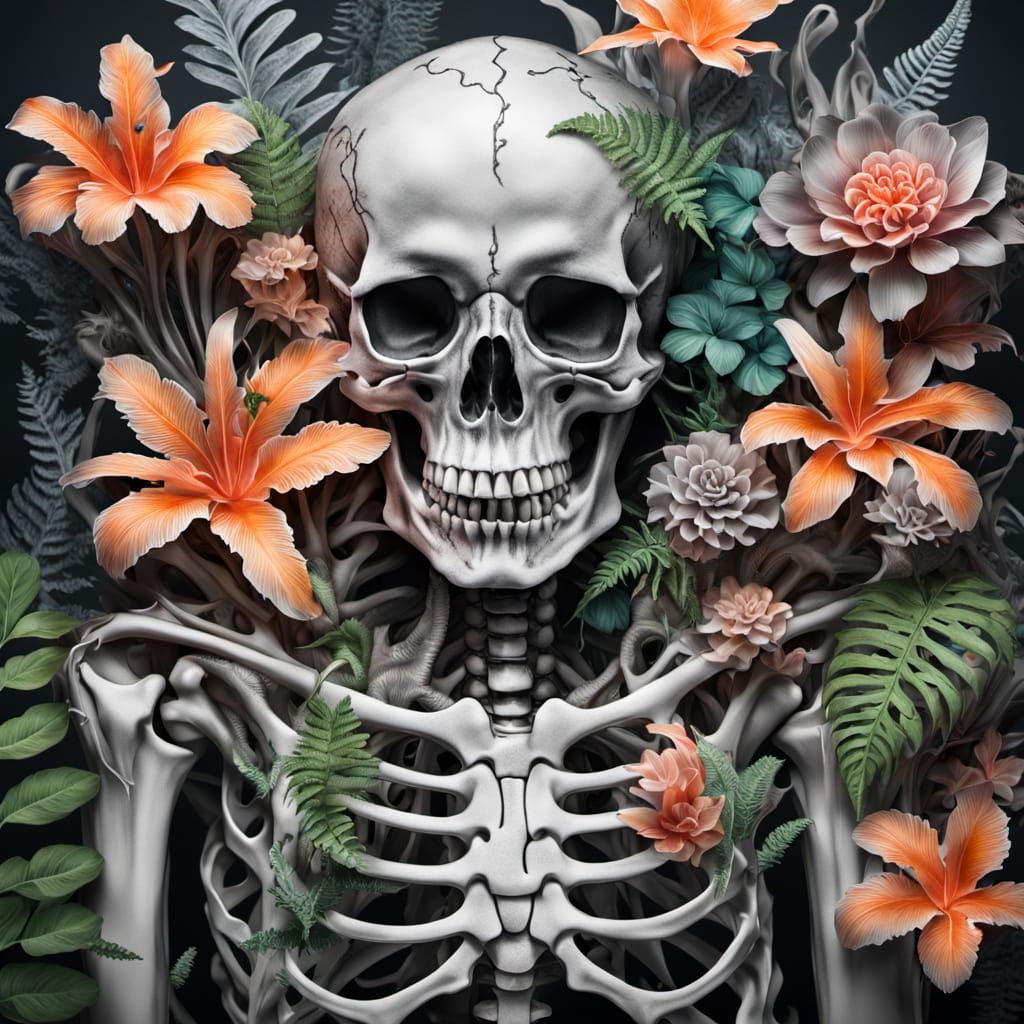 Surreal Ribcage with Tropical Plants and Aquatic Life
