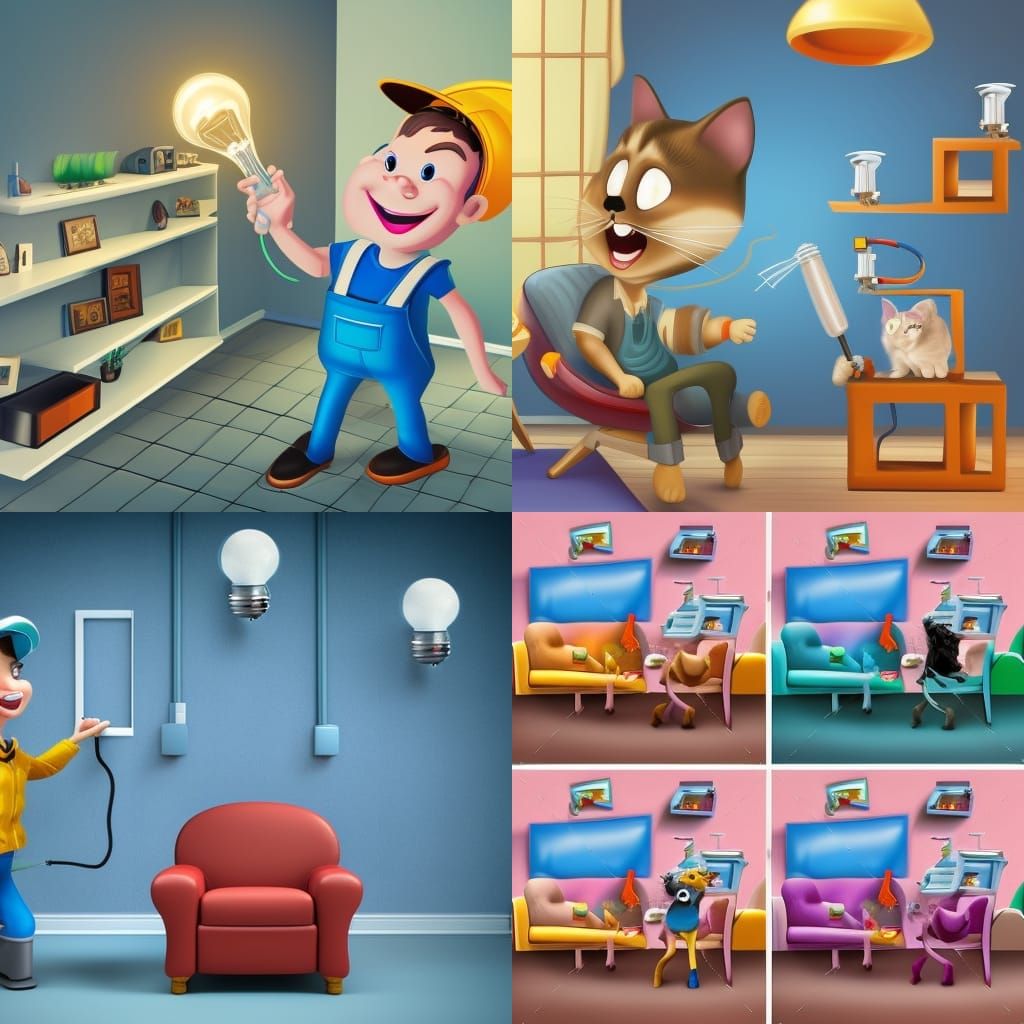 Cartoon Electrician Changes Bulb in Cheerful 3D Room