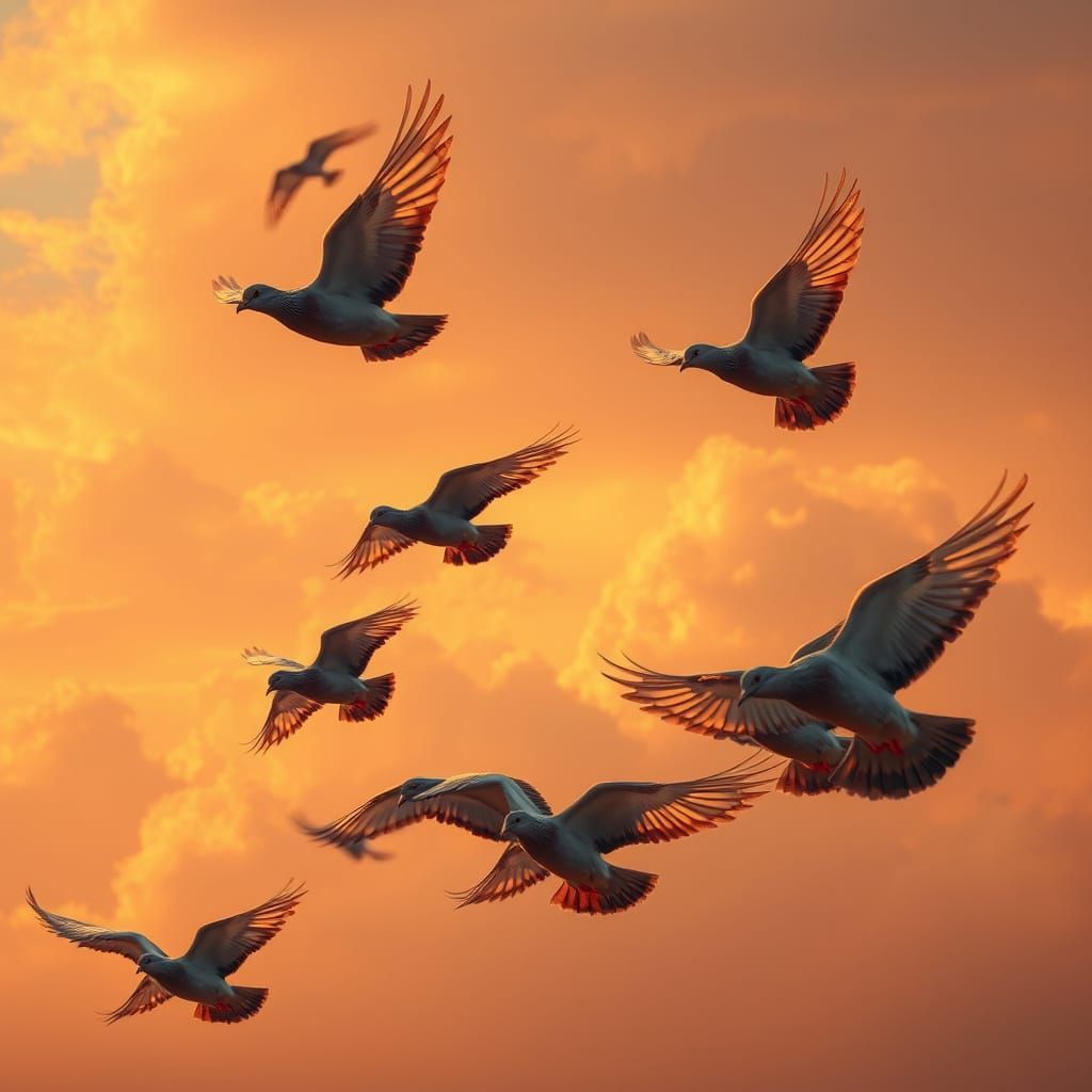 Pigeons Soar in Golden Sunset Light