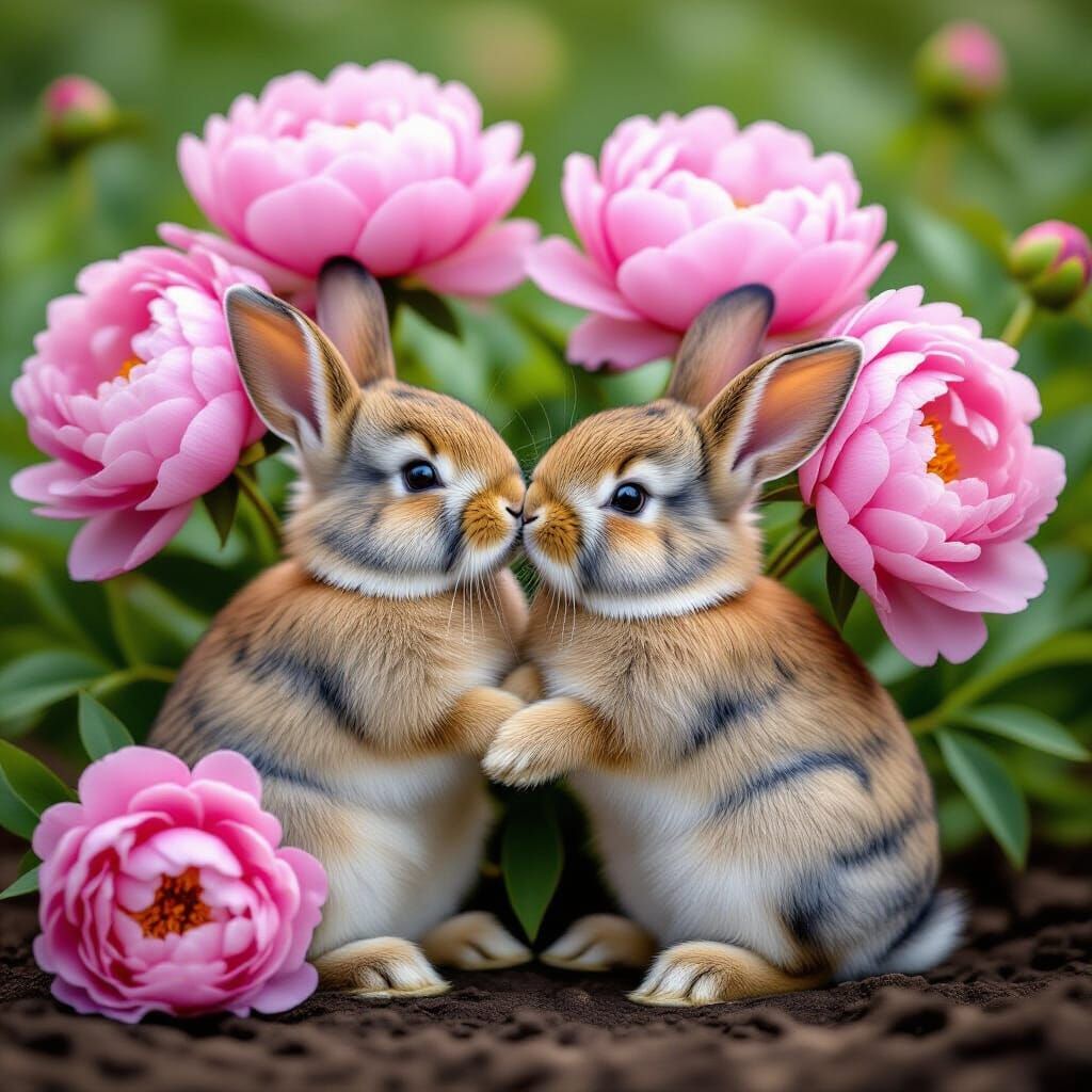 Bunnies Kissing Under Peony Flowers