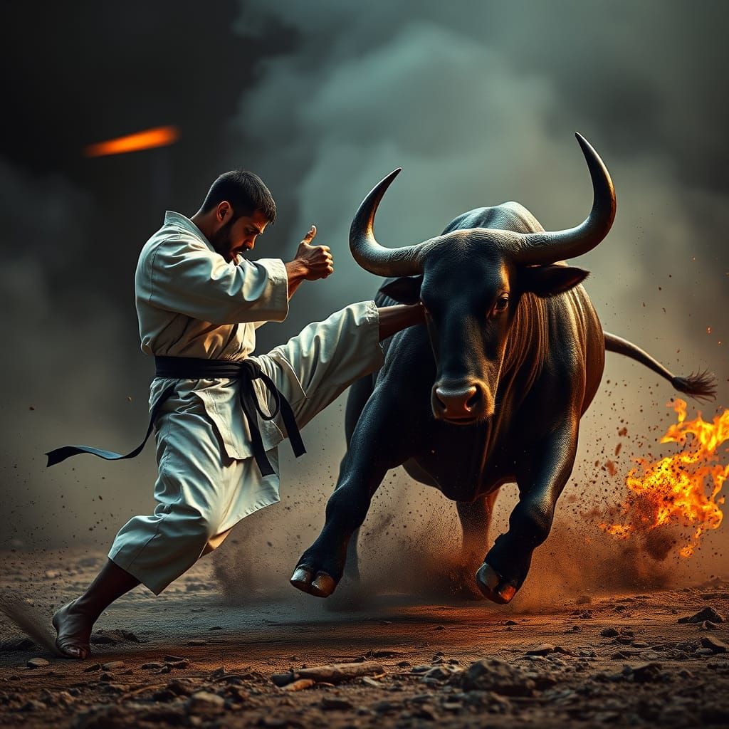 Karate Master Battles Wild Bull in Cinematic Digital Paintin...