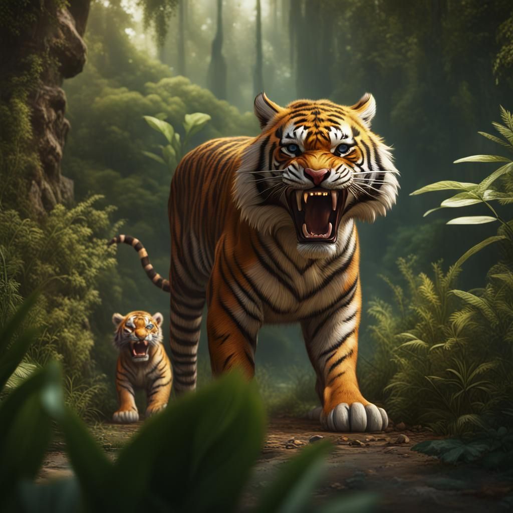 Baby Tiger with Mother: Detailed Matte Painting