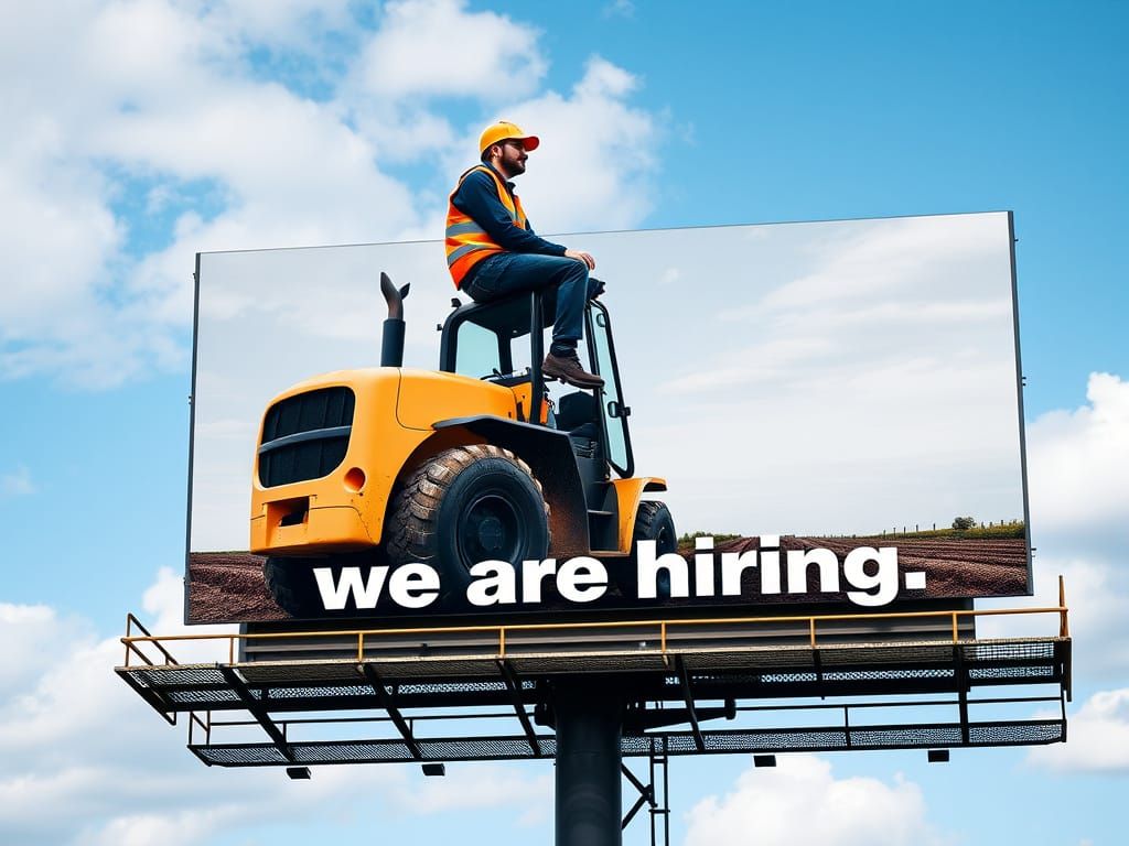 Man on Forklift Billboard Hiring Sign