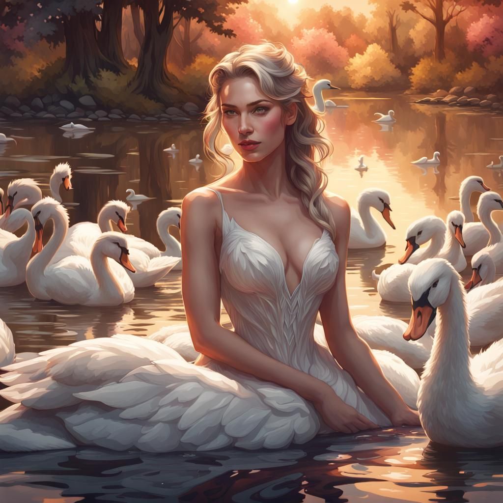 Swan Lady Portrait in Lake, Hyperdetailed Digital Art