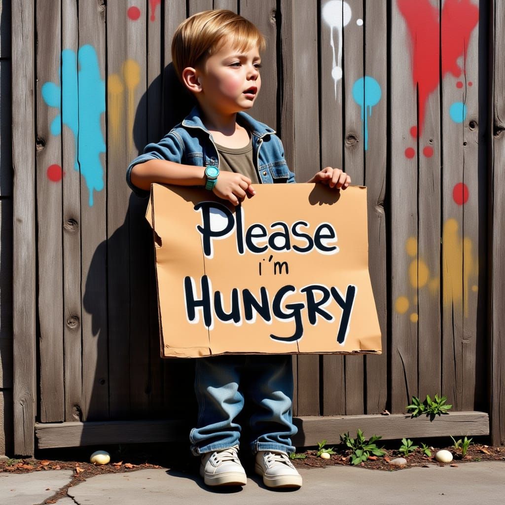 Banksy Style Street Art: Ragged Boy Begging