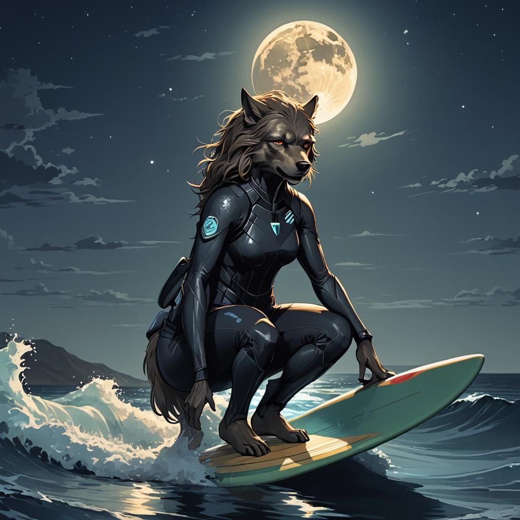 Female Surfer Werewolf at Night, in Anime Style