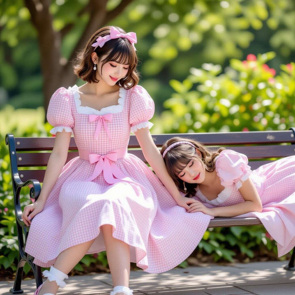 Two Women Relaxing on a Garden Bench