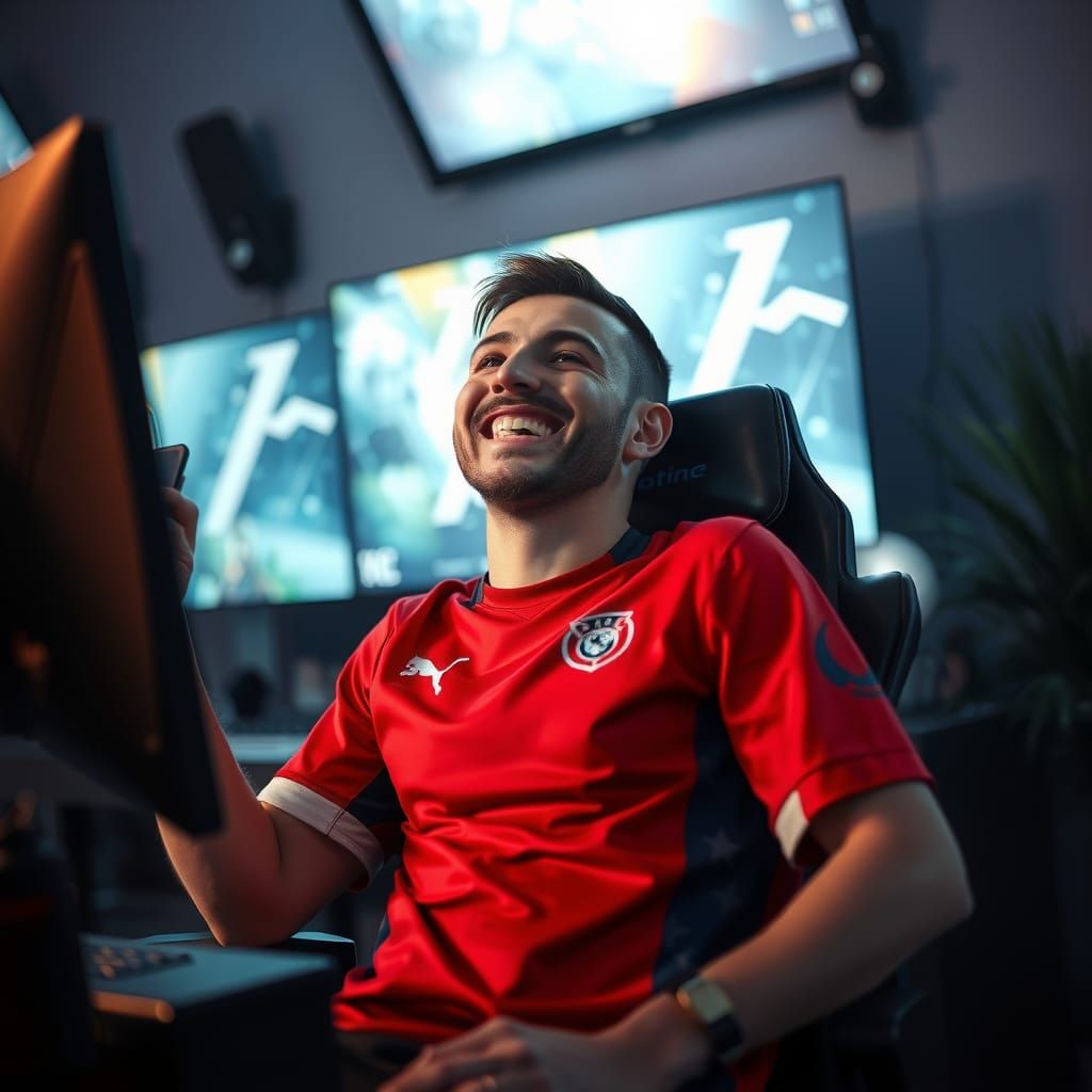 Triumphant Esports Player Smiles in Victory: Cinematic 35mm