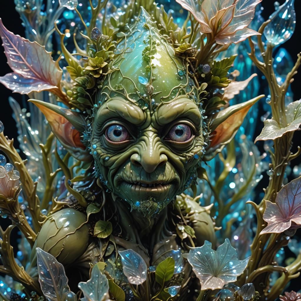 Bioluminescent Goblin in Crystalline Shell Sculpture