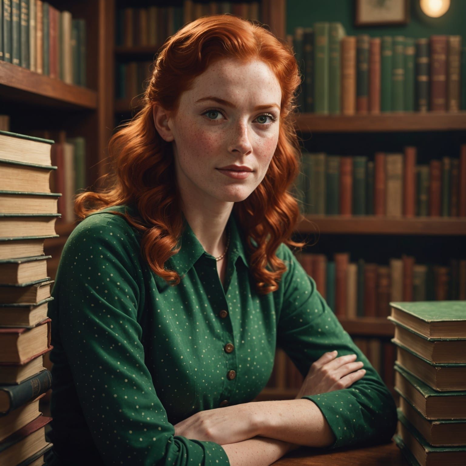 1950s Redhead Surrounded by Books: Fantasy Art