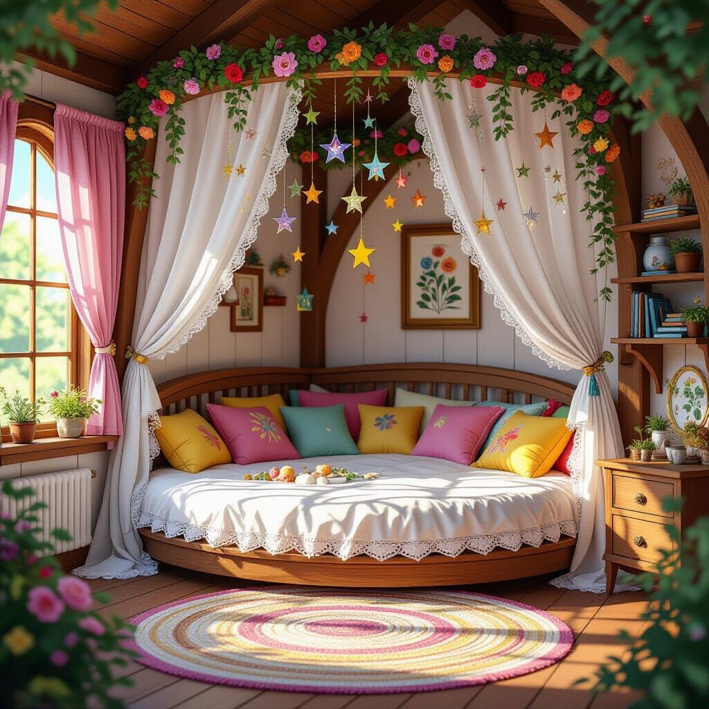 Whimsical Cottage Bedroom in Studio Ghibli Anime Style