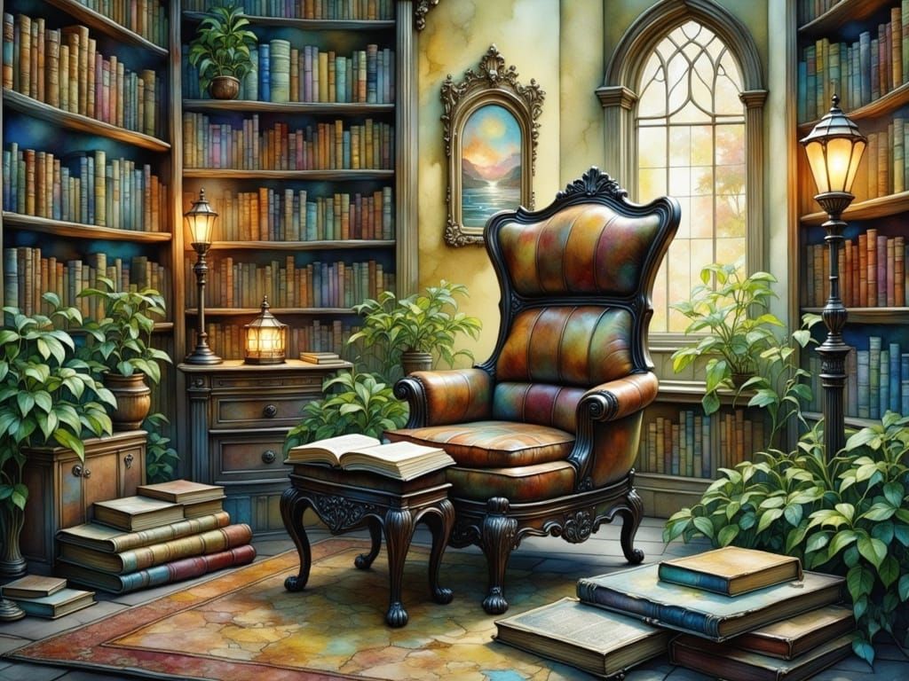 Mysterious Ancient Library with Antique Armchair