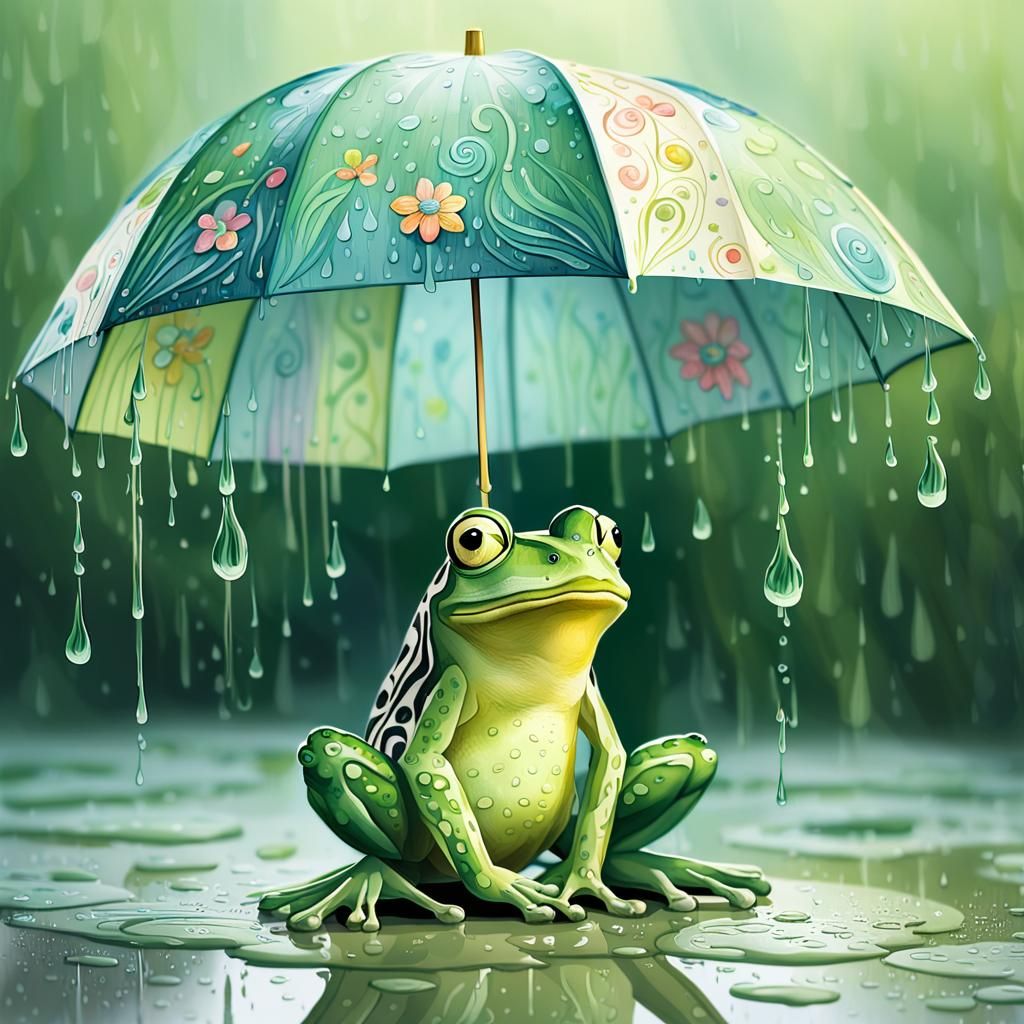 Whimsical Umbrella with Frog in Watercolor Style