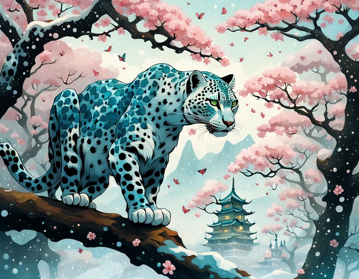 Snow Leopard Among Cherry Blossoms: Fantasy Double Exposure