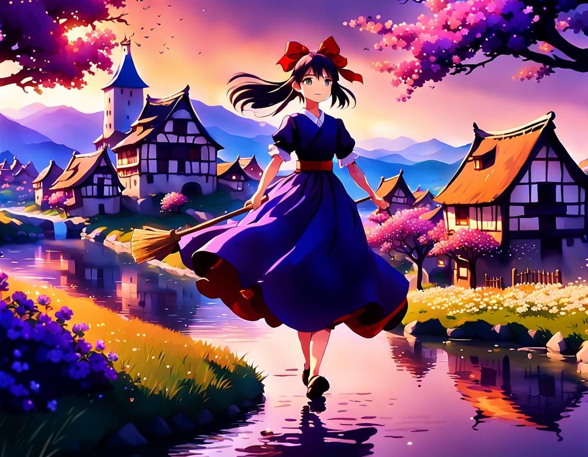 Fantasy Anime: Woman Flying Over Serene Village