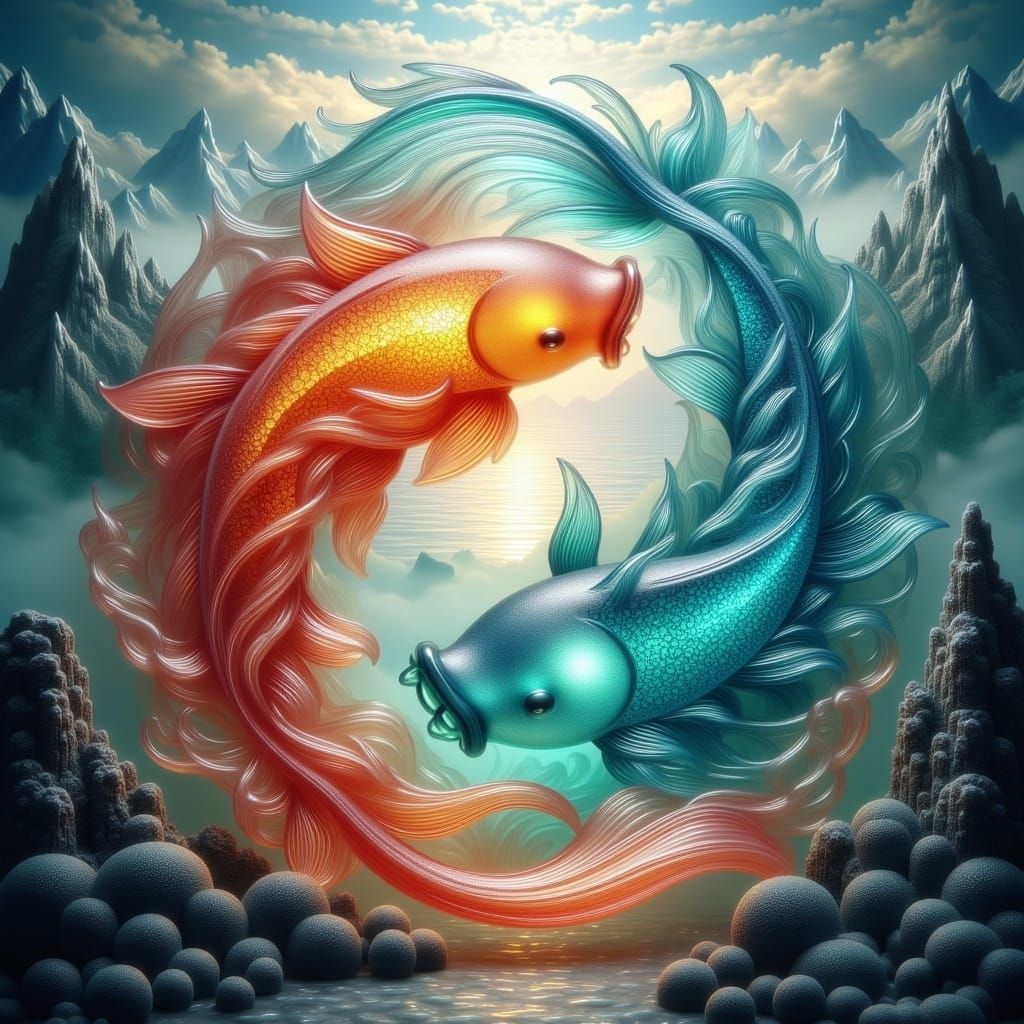 Glass Koi Yin Yang in Surreal Landscape