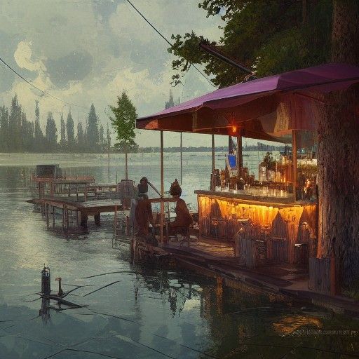 Lakeside Bar in Russian City, Photorealistic Digital Art