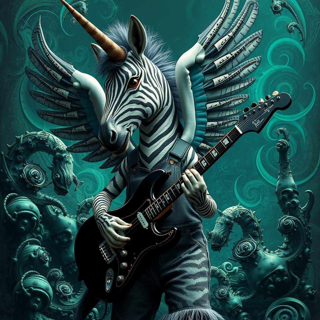 Whimsical Goth Zebra Unicorn Hybrid Creature in a Psychedeli...